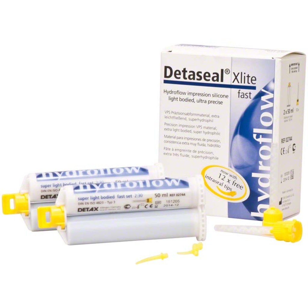 Корригирующий материал Detaseal Hydroflow Xlite Fast Set (Детасил Гидрофлоу Хлайт Фаст Сет),  стандартная упаковка 2х50мл+ 12 насадок, 02744 DETAX