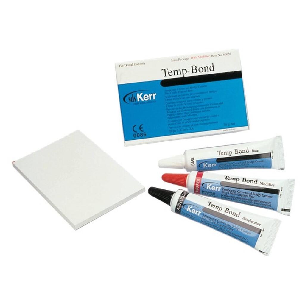 Цемент Temp-Bond, Introductory Pack (с модификатором): 1 тюбик базы (50 г), 1 тюбик катализатора (15 г), 1 тюбик модификатора (13 г), 1 блокнот для замешивания KERR 60058