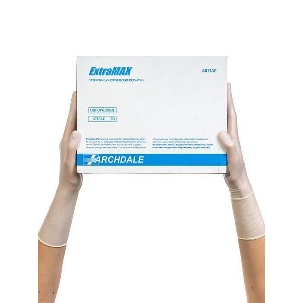 Перчатки ExtraMAX хирургические латексные неопудренные стерильные - размер: 8.5 (цена за пару) ARCHDALE ExtraMAXбеж8.5