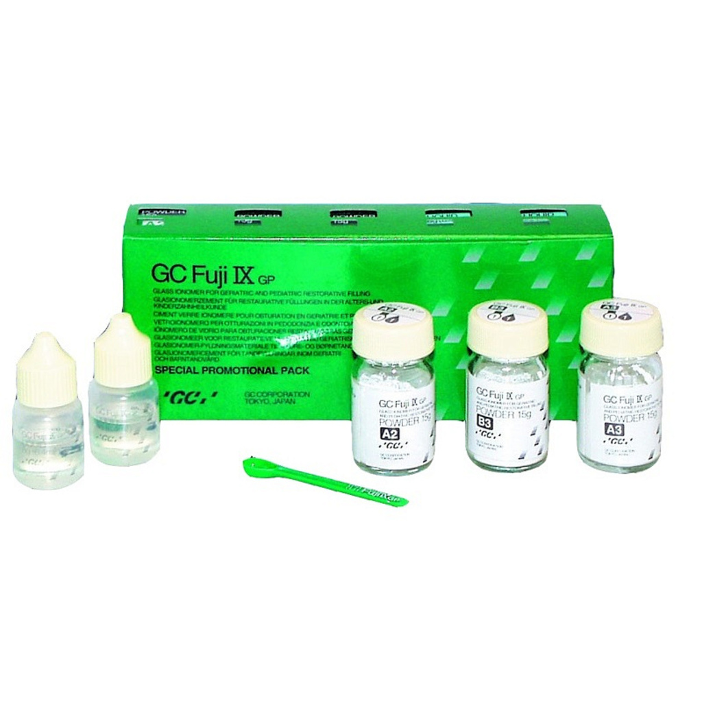 GC Fuji IX GP  (Фуджи IX ДЖИ ПИ) Special Promotional Pack (900444), набор в составе: флакон с порошком (3 шт по 15 г), флакон с жидкостью (2 шт по 6,4 мл), мерная ложка (3 шт) 0130018Gc