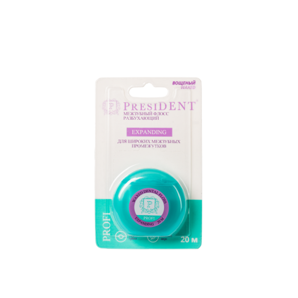 PRESIDENT PROFI Expanding 20м (разбухающая, вощеная, мятная) - Флосс (зубная нить) для широких межзубных промежутков 24374