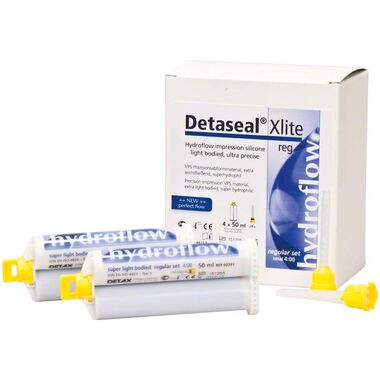 Корригирующий материал Detaseal Hydroflow Xlite Regular Set (Детасил Гидрофлоу Хлайт Регуляр Сет), стандартная упаковка 2х50мл + 12 насадок, 02741 DETAX