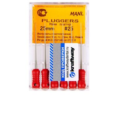 Pluggers (Плаггер)- ручные файлы, длина 25 мм, ISO 25 (6 шт). (комп), для работы с гуттаперчей в канале с вертикальной конденсацией, MANI 0390182