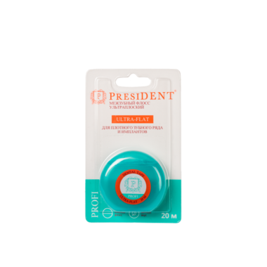 PRESIDENT PROFI Ultra-Flat 20м (ультраплоская, мятная) - Флосс (Зубная нить) для узких межзубных промежутков 24375