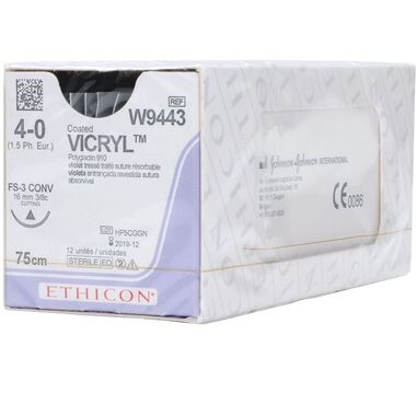 VICRYL ВИКРИЛ 4/0, 75 СМ, ФИОЛЕТ. РЕЖ. 16 ММ, 3/8, 12шт W9443 ETHICON