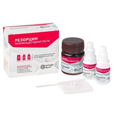 Резорцин, порошок 25 г + жидкость10 мл + катализатор 10 мл - формальдегидная паста для пломбирования каналов ОМЕГАДЕНТ 40627