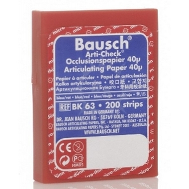 Окклюзионная бумага Bausch, пластиковый бокс, 40 мкм, 200 полосок, синий/красный BK 63