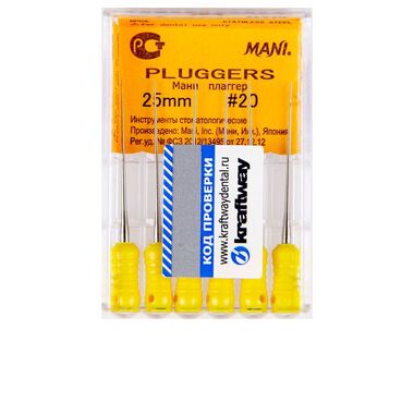 Pluggers (Плаггер)- ручные файлы для работы с гуттаперчей в канале с вертикальной конденсацией, длина 25 мм, ISO 20 (6шт). (упак) MANI 0390181