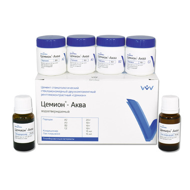Цемион Аква (Аквион)  набор: порошок (А2 -20г+ А3 -10г+ В2 -10г+ С2-10г), кондиционер 15мл+ лак покрывной 15мл -  Цемент стеклоиномерный рентгеноконтрастный двухкомпонентный водоотверждаемый ВЛАДМИВА 00000006950