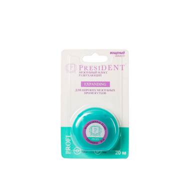 PRESIDENT PROFI Expanding 20м (разбухающая, вощеная, мятная) - Флосс (зубная нить) для широких межзубных промежутков 24374